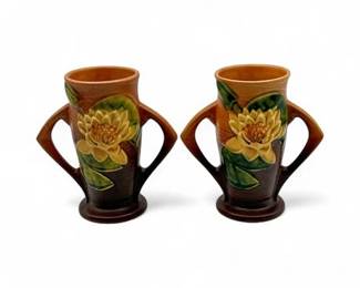 Pair Of Vintage Roseville Pottery Vases In The Water Lily Pattern