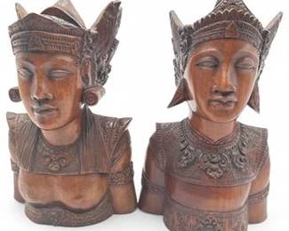 Pair Of Vintage Indonesian Balinese HandCarved Wooden Sculptures