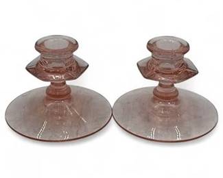 Pair Of Vintage Pink Depression Glass Candle Stick Holders