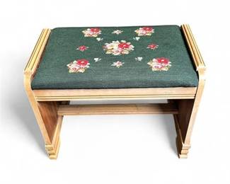 Vintage Pine Footstool With Floral Needlepoint Upholstery