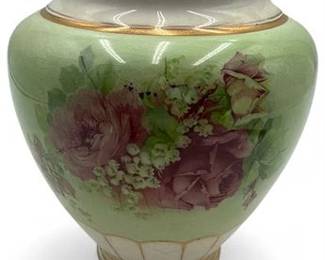 Antique Porcelain Vase With HandPainted Pink Roses And Gilt Edging