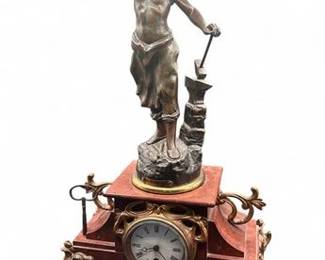 Antique Figural Mantel Clock With Maurice Constant Bronze Sculpture
