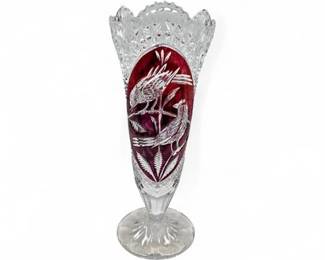 Vintage Hofbauer Byrdes RedClear Crystal Vase W Etched Bird Motifs