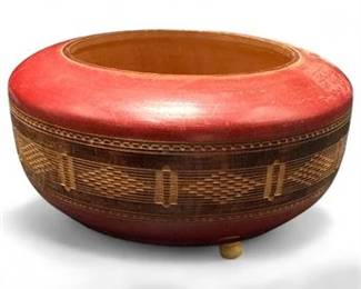 Vintage Footed Wood Bowl With Carved Geometric Design