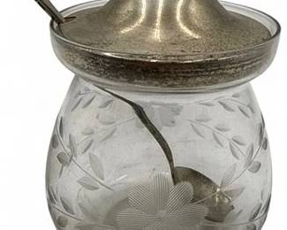 Vintage Etched Glass Jam, Jelly, Or Condiment Jar With Spoon