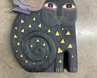 Lot #5 Laurel Burch Style Cat Wall Sculpture w/ Bird, Black Painted Wood Folk Art Signed