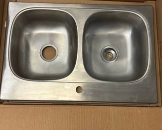 Lot #114 Sterling Kohler Holland Kitchen Sink Kit Faucet Double Bowl Stainless Steel 33x22