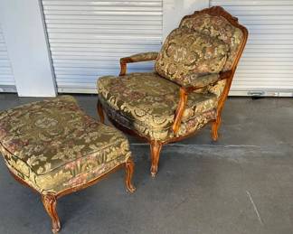 Lot #155 Vintage French Provincial Carved Wood Armchair & Ottoman Floral Tapestry Upholstery