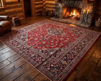 Lot #202 Vintage Persian Heriz Hand-Knotted Wool Rug Red/Navy Geometric Medallion ~9x13