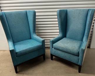 Lot #159 Pair Mid Century Style Teal Wingback Accent Chairs Two Tone Upholstered Fabric
