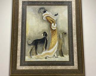 Lot #32 Croce – Femme Fetale II, Art Deco Style Woman with Borzoi Dogs, Framed Print