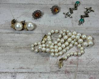 Lot #104 Vintage Costume Jewelry Lot Faux Pearl Necklace Amber 825 Earrings Pearl Studs Dangles
