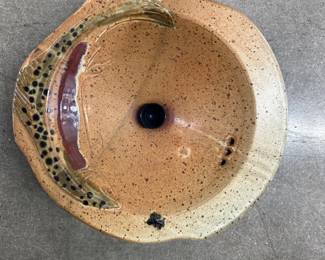Lot #4 Studio Pottery Trout Fish Basin Sink w/ Dragonfly Motif, Glazed Stoneware, 18in