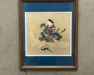 Lot #29 After Katsushika Hokusai Japanese Ukiyo-e Style Print, Woman Reading While Riding Crane, Framed