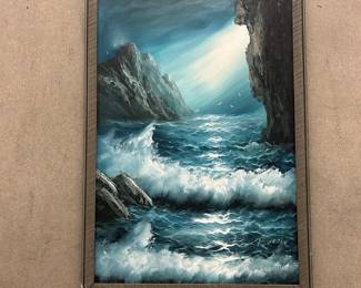 Lot #67 Vintage Seascape Oil Painting Signed “Poonil” Dramatic Waves Coastal Cliffs Framed
