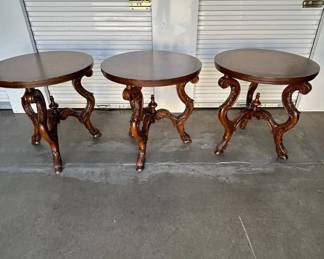 Lot #157 Set of 3 Vintage Carved Wood Leather Top Round Accent Side Tables Victorian Style solid Wood