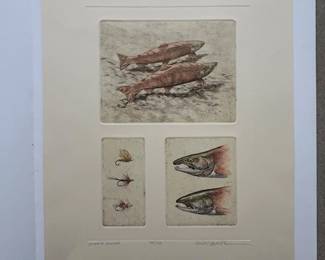 Lot #39 Sockeye Salmon Etching Mike Stidham Signed 94/150 Limited Edition Fishing Art