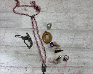 Lot #102 Vintage Costume Jewelry Lot Pink Bead Religious Necklace Cufflinks Cameo Pendant Ring Chain