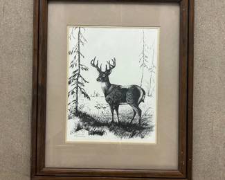 Lot #58 Signed Emerson Deer Pen & Ink Drawing Buck Wildlife Art 1983 Framed