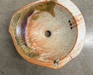 Lot #3 Studio Pottery Trout Fish Plate Platter w/ Drain Hole & Dragonfly Motif, Handcrafted