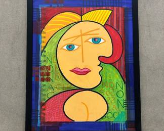 Lot #190 Abstract Expressionist Portrait Painting Mixed Media Framed Modern Art