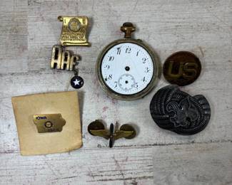 Lot #103 Vintage Pocket Watch AAF Pin US Insignia Iowa 1965 Badge Scout Belt Buckle Mixed Lot