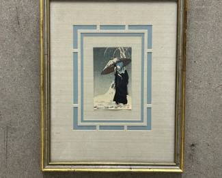 Lot #26 Title: After Kawase Hasui Japanese Shin-Hanga Style Woodblock Print, Woman in Snow with Umbrella, Framed