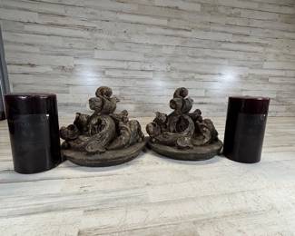R Lot #142 Wall Shelf Candle Holders Set Cast Iron Scroll Corbel Rustic Decor w Maison Pillar Candles