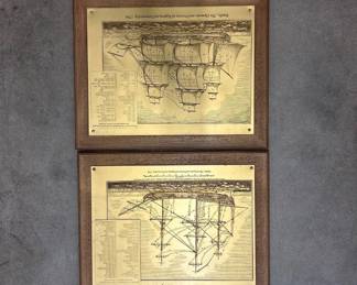 Lot #80 Vintage Brass Plaque Ship Rigging Diagrams Steele's 1794 Nautical Art Set of 2