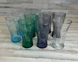 R Lot #79 Vintage Coca-Cola Glass Tumblers Set of 10 Colored Clear Contour Glasses