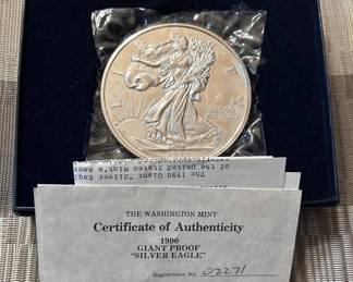 N Lot #91 1990 16 Troy oz .999 Silver Eagle Giant Proof Commemorative Coin 17.5 total oz