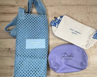 Lot #205 Dolce & Gabbana Light Blue Crochet Tote & Dolce Cosmetic Bags Set of 3