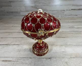 Lot #196 Red Enameled Rhinestone Jeweled Music Box Faberge Style Egg on Stand