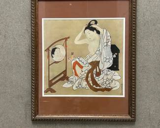 Lot #30 After Kitagawa Utamaro Japanese Ukiyo-e Bijin-ga Woodblock Style Print, Woman at Mirror, Framed