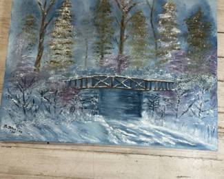 Lot #83 M. Johnson '84 Original Winter Landscape Oil Painting on Canvas Bridge Snow Scene Winter Landscape