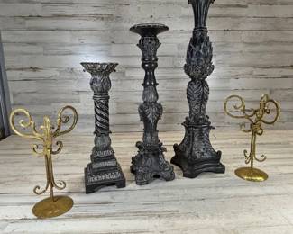 R Lot #130 Vintage Ornate Candle Holders Lot Metal Resin Tall Pillar Candlesticks Home Decor Set