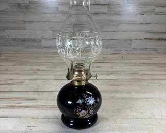 Lot #109 Vintage Fairmont Miniature Oil Lamp Floral Milk Glass Base Etched Chimney Kerosene Style