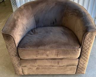 Lot #158 Mid-Century Modern Style Barrel Back Club Chair Brown Velvet Quilted Sides