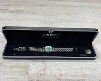 Lot #127 Croton Sterling Silver Ladies Watch Quartz Bracelet Mother of Pearl Dial w/ Box Vintage