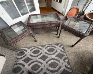 wicker coffee table 30 x 18 and 2 side tables 18” x 18”