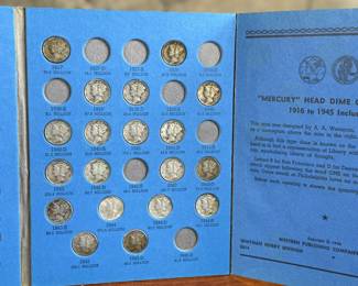 Mercury Head Dime collection spanning 1916 to 1945 housed in a blue Whitman Hobby album. Various coins from the series are included, with a total of thirty (30) in the album.