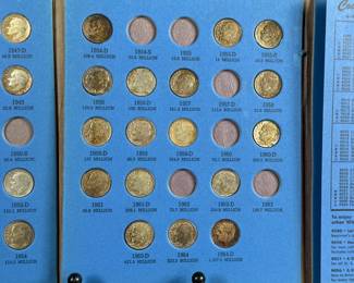 Roosevelt Dime collection starting in 1946, housed in a blue Whitman coin album. Includes multiple dimes, with several slots still unfilled. Total of thirty-two (32) 90% Roosevelt dimes included.
