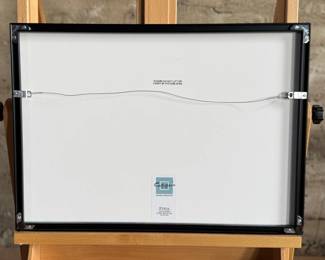 Framed photograph of two bison locking horns, taken at Yellowstone National Park in May 2009 near Madison River. The frame features a black mat with an orange inset highlighting the caption. It is professionally wired for wall hanging and measures approximately 16” H x 20” W inches. The verso includes framing details and gallery labels.