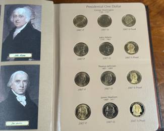 The 2007–2011 Presidential Dollar PDS set consists of 60+ copper-nickel manganese brass coins, featuring four new presidents annually from Washington to Garfield, with P (Philadelphia), D (Denver), and S (San Francisco/Proof) mint marks. Appears to be only missing one (1) coin.