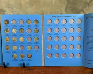 Roosevelt Dime collection starting in 1946, housed in a blue Whitman coin album. Includes multiple dimes, with several slots still unfilled. Total of thirty-two (32) 90% Roosevelt dimes included.