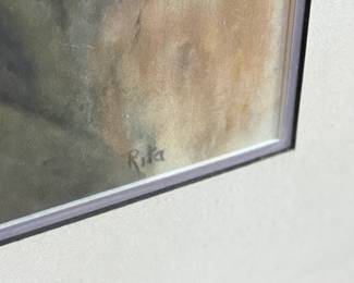 A framed painting depicting a portrait of a man wearing a purple headband. The artwork is signed ‘Rita’ in the lower right corner. The frame is wooden with a matte around the painting, and backed with paper that shows notable tearing. Frame is a bit loose. Measures in frame, 28” H x 23” W.