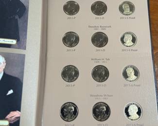 Complete 2007-2016 Presidential Dollar PDS 117-coin set featuring both brilliant uncirculated and proof coins. Coins are arranged in a dedicated album, with additional display cases for select presidential sets, including Richard Nixon, Gerald Ford, and Ronald Reagan. Includes original invoice indicating the purchase price of $339. Some missing as shown in photos.