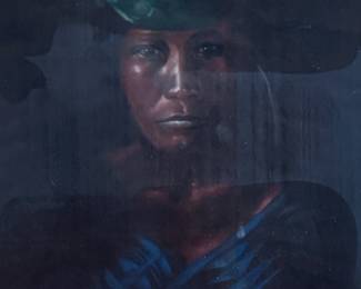 Framed portrait of a woman wearing a green headdress, depicted in a dark tonal palette. The artwork is presented in a wooden frame with white matting. The backing paper is torn, showing wear. Measures in frame, 28” H x 23” W.