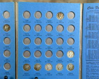 Mercury Head Dime collection spanning 1916 to 1945 housed in a blue Whitman Hobby album. Various coins from the series are included, with a total of thirty (30) in the album.