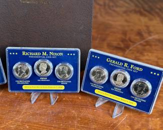 Complete 2007-2016 Presidential Dollar PDS 117-coin set featuring both brilliant uncirculated and proof coins. Coins are arranged in a dedicated album, with additional display cases for select presidential sets, including Richard Nixon, Gerald Ford, and Ronald Reagan. Includes original invoice indicating the purchase price of $339. Some missing as shown in photos.